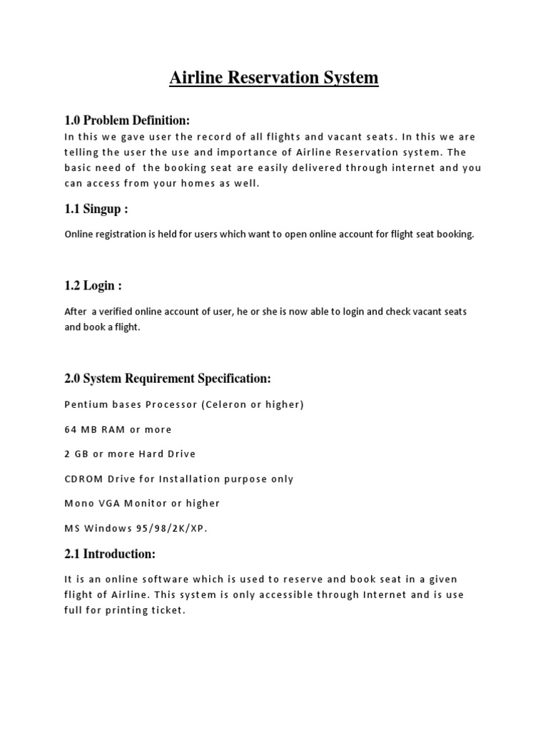 Airline Reservation System: 1.0 Problem Definition | PDF | Usability ...