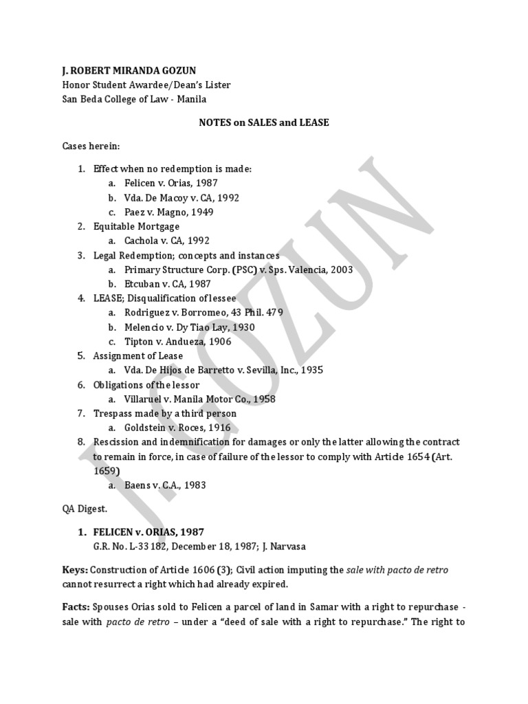 Law on sales and lease cases on pacto de retro pre emption