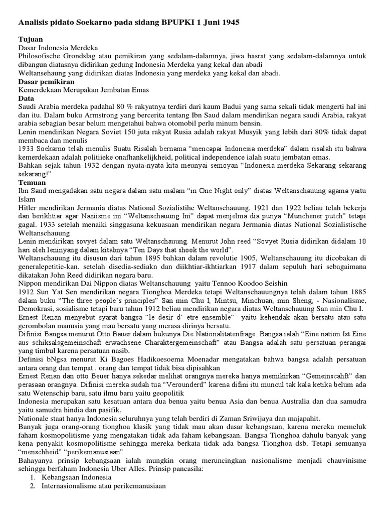 Analisis Pidato Soekarno Pada Sidang BPUPKI 1 Juni 1945