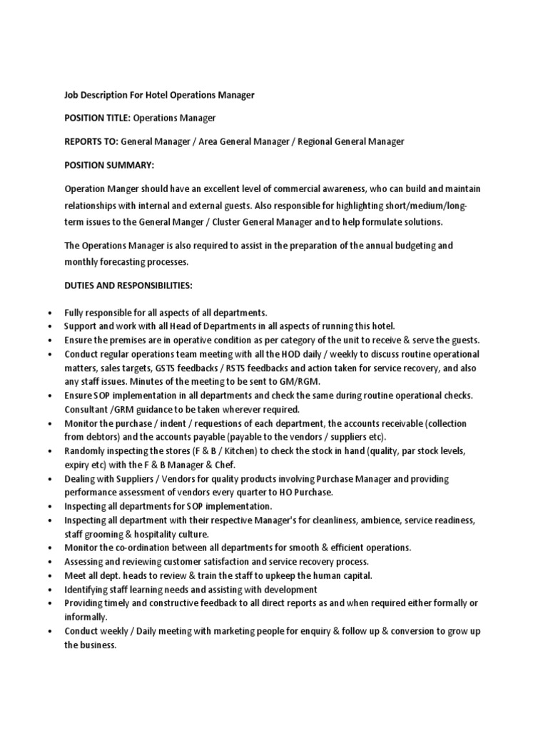 Job Description For Hotel Operations Manager | Pdf | Operations Management  | Accountability