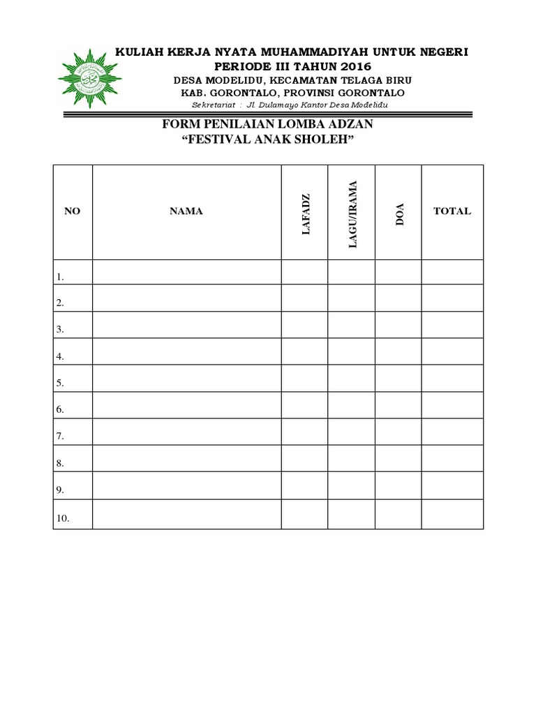 Format Penilaian Lomba Adzan Guru Paud