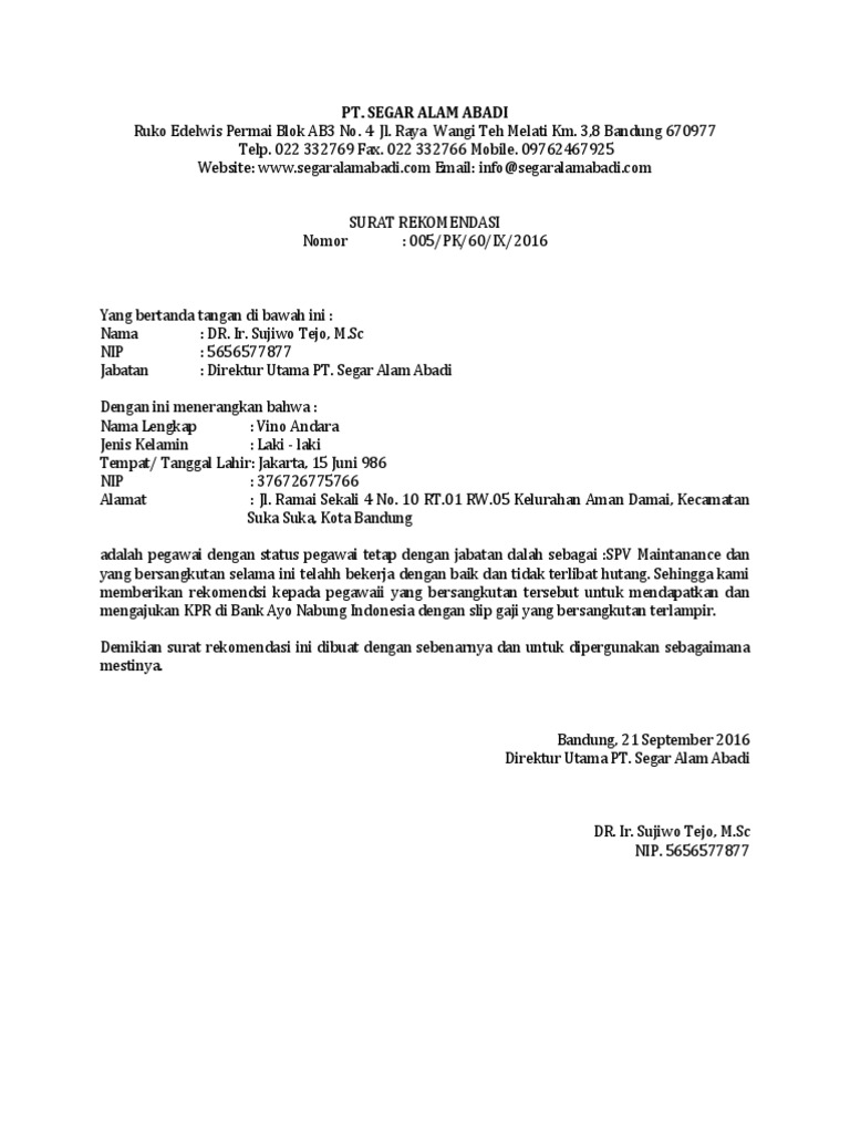 Contoh Surat Rekomendasi Atasan Untuk Pengajuan Kpr ID