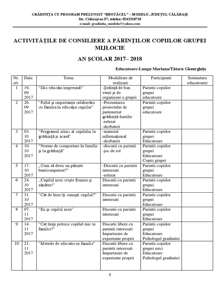 Consilierea Parintilor Planificarea Activitatilor