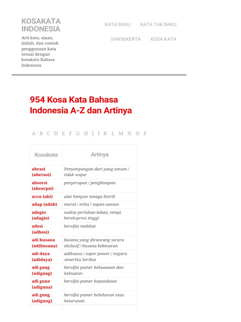 954 Kosa Kata Bahasa Indonesia A Z Dan Artinya Kosakata Indonesia