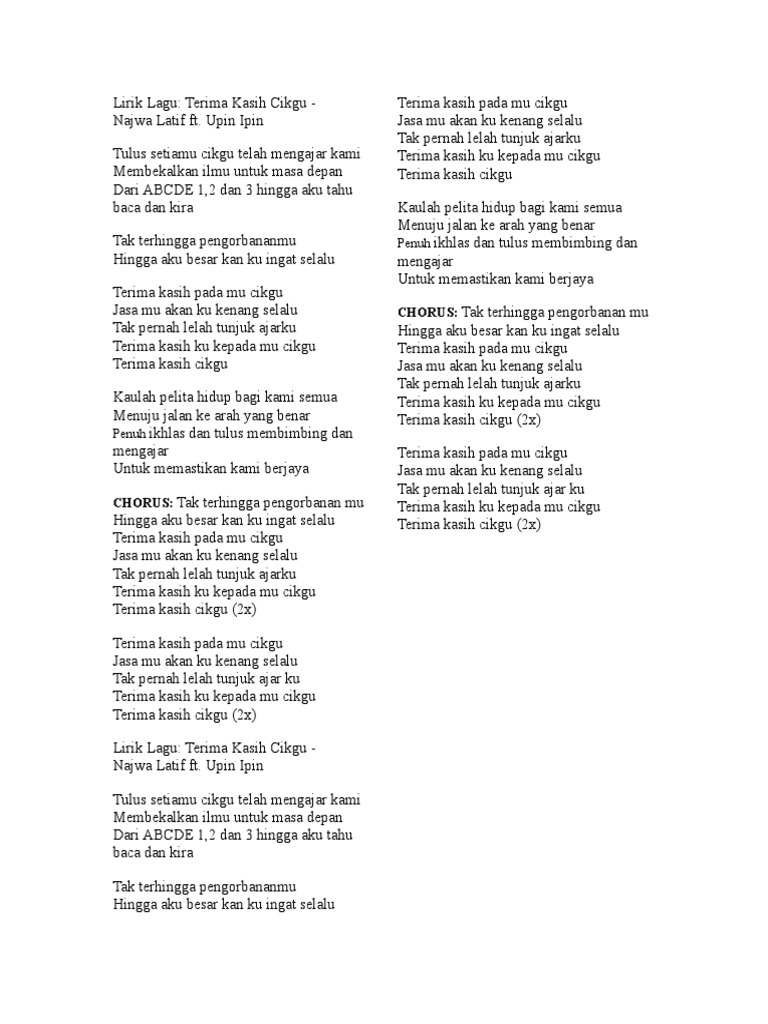 Lirik Lagu Terima Kasih Cikgu Pdf