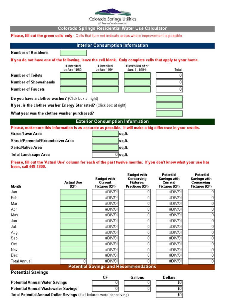 Colorado Springs Residential Water Use Calculator Download Free PDF