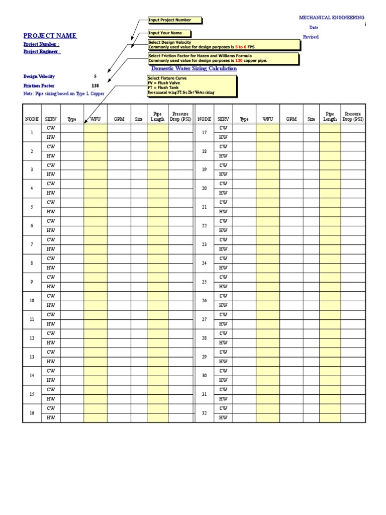 Domestic Water Sizing Calculation Excel | PDF | Water Heating | Pipe ...