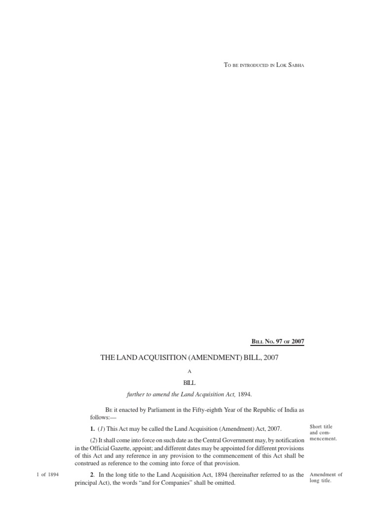 Land Acquisition Amendment Bill 2007 | PDF