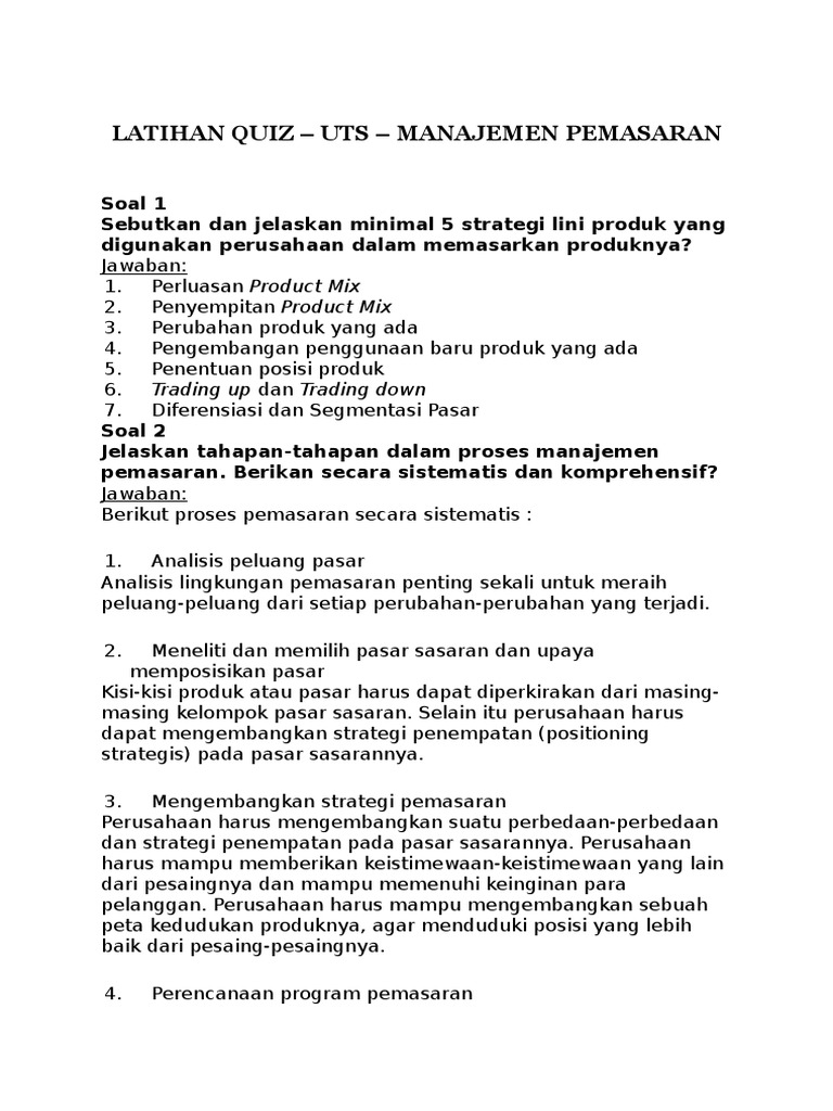 Latihan Quiz Uts Manajemen Pemasaran