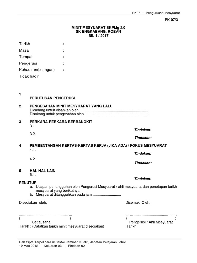 Borang PK 07 3 CONTOH FORMAT MINIT MESYUARAT  PDF