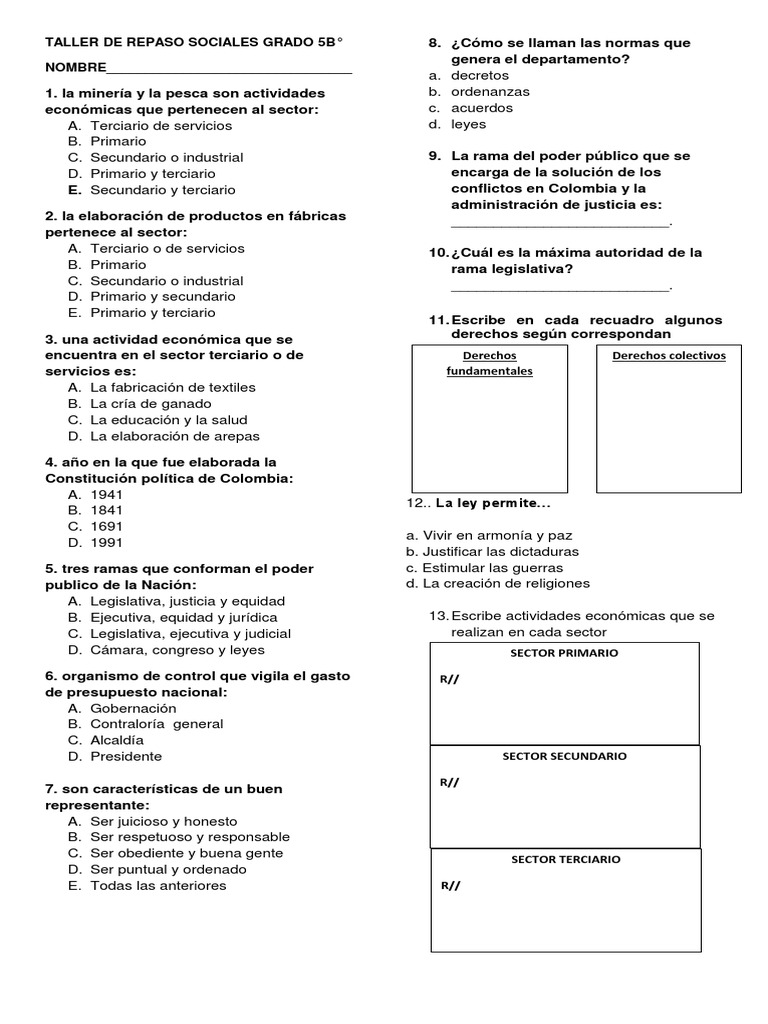 Taller de Repaso Sociales Grado 5 | PDF | Sector terciario de la ...