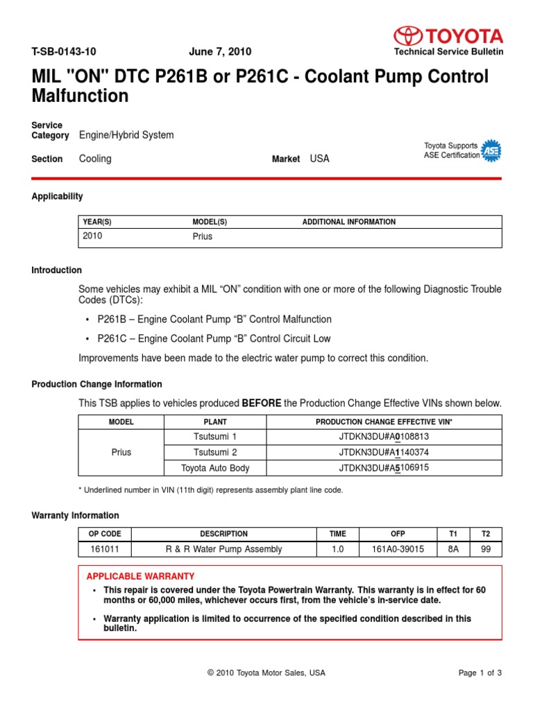 TSB014310 MIL On DTC P261B or P261C Coolant Pump Control Malfunction