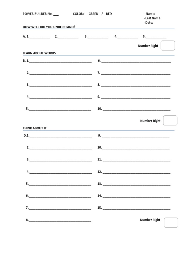Power Builder No. - Color: Green / Red - Name: - Last Name - Date | PDF