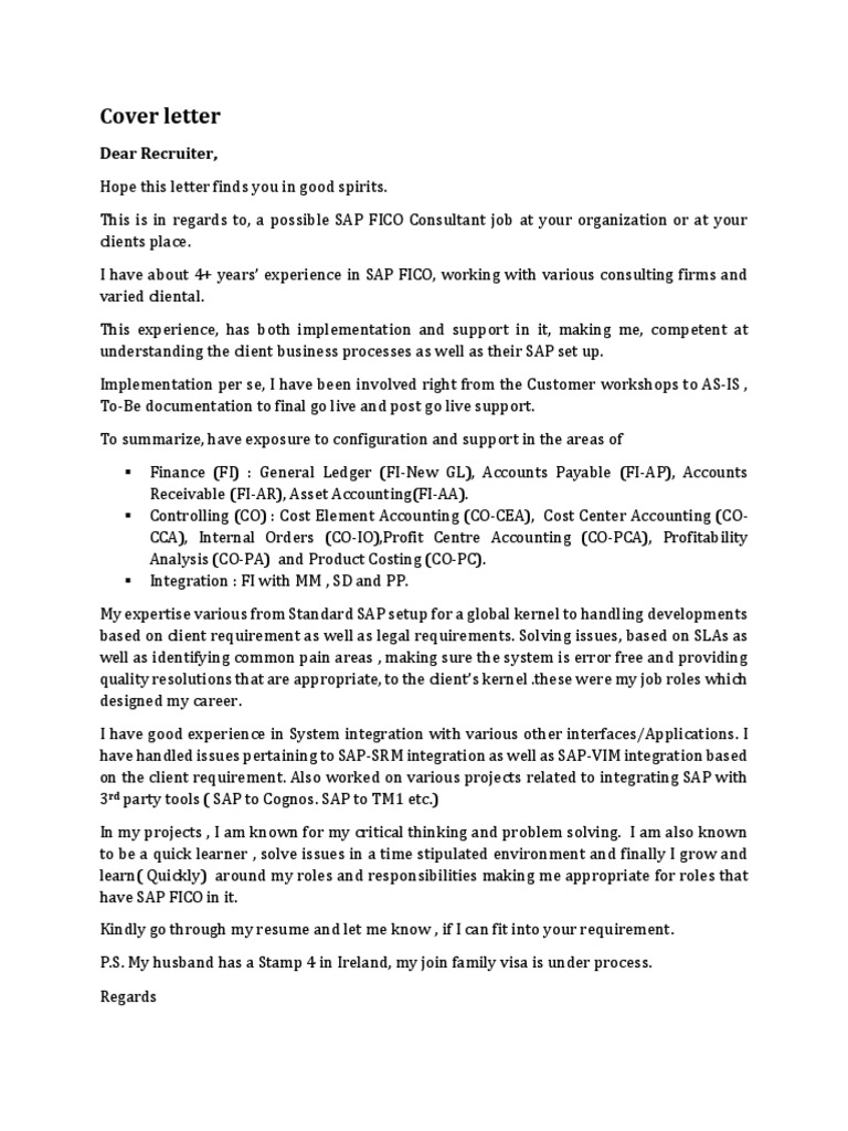 SAP FICO Consultant Cover Letter | PDF
