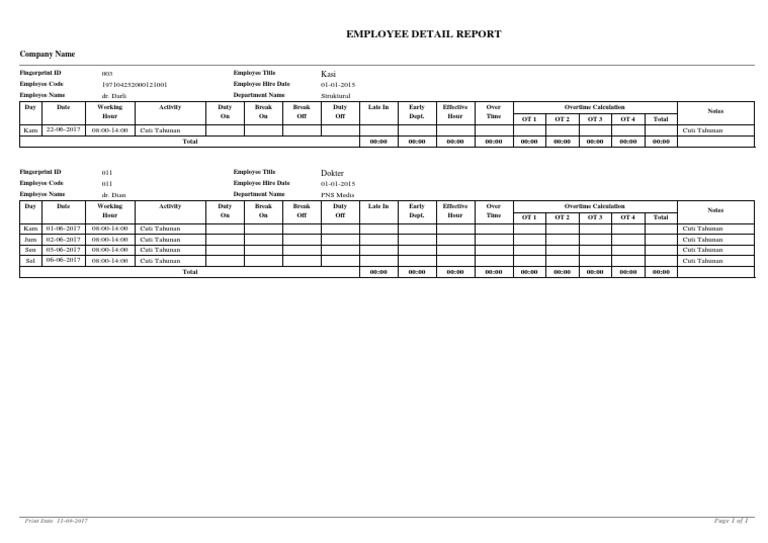 Employee Detail Report Company Name PDF Working Time Employee Relations