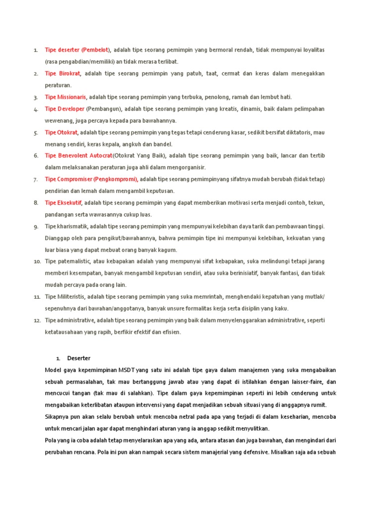 Tipe-Tipe Kepemimpinan dalam MSDT | PDF