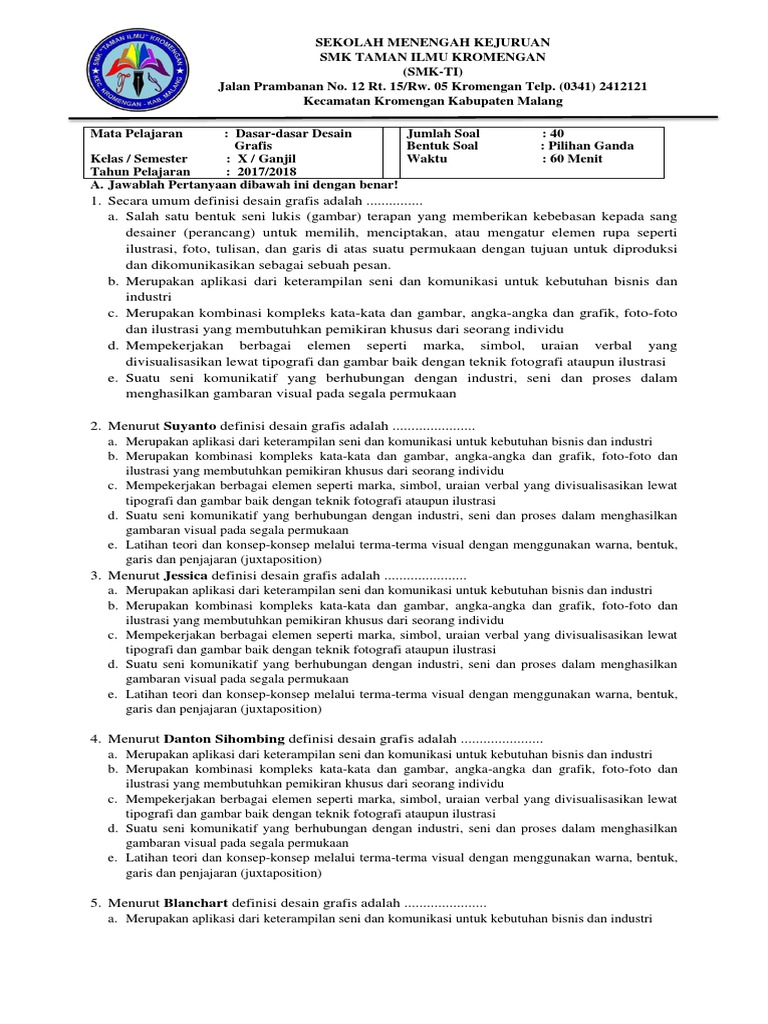 Soal Uts Ganjil Dasar Desain Grafis Kelas X 2017 2018 Essay