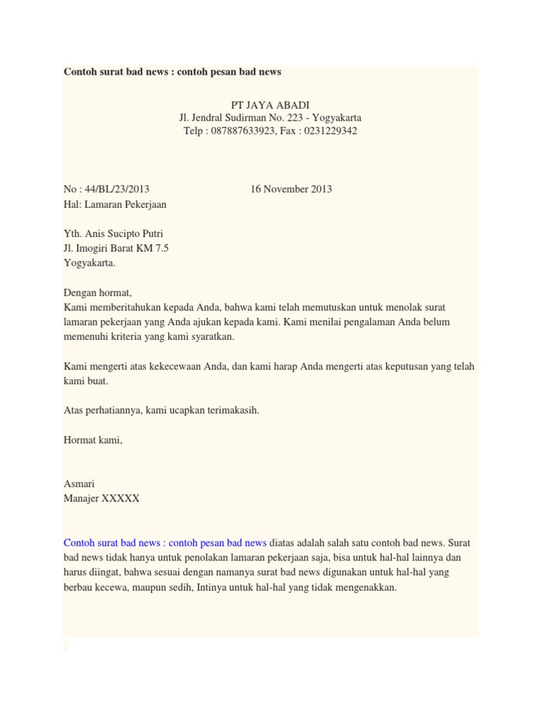 Contoh Surat Bad News and Good News