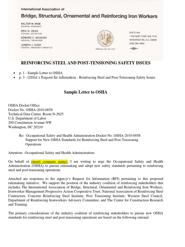Sample Letter to OSHA Occupational Safety And Health Administration