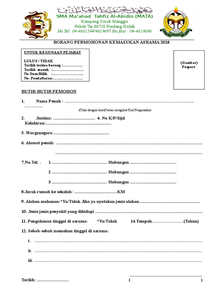 Borang Masuk Asrama Pdf
