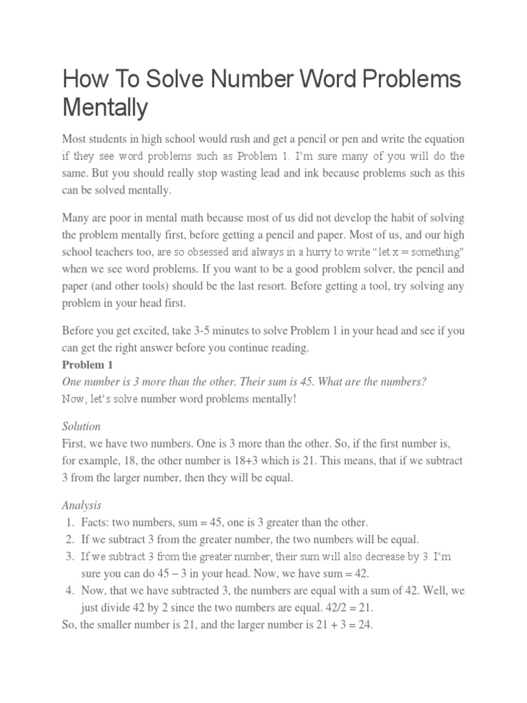 How To Solve Number Word Problems Mentally Download Free PDF