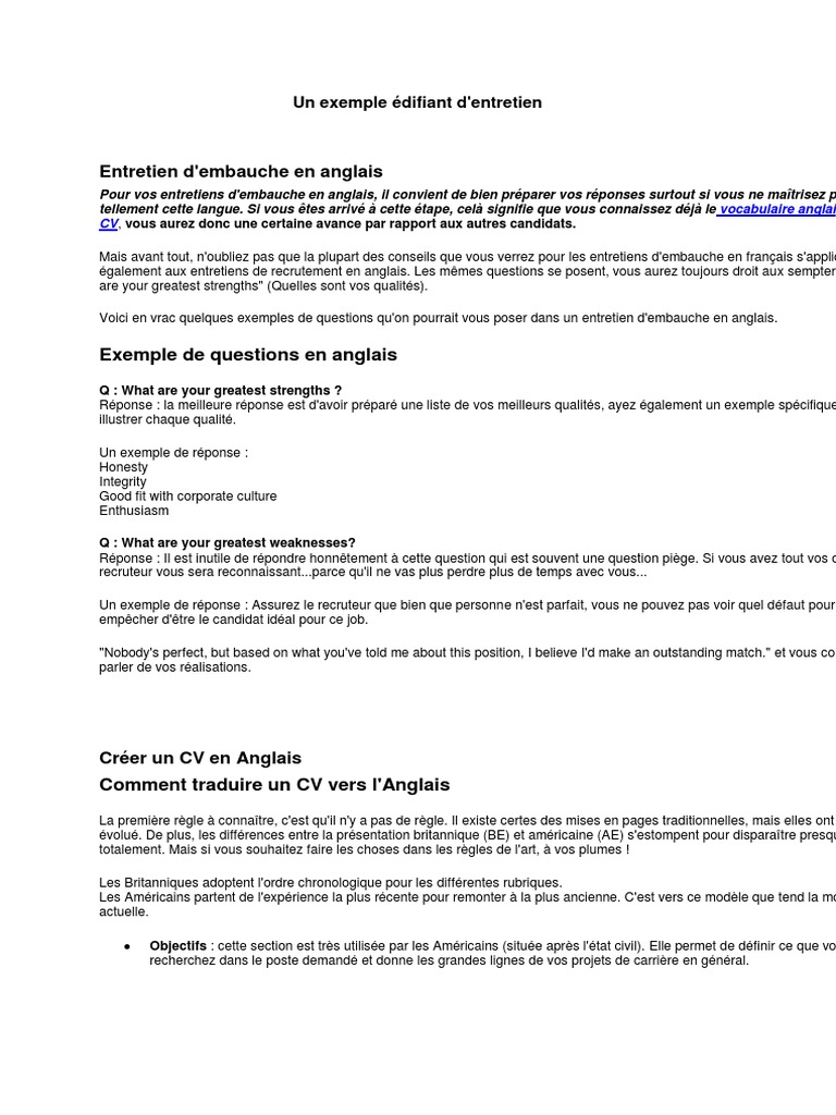 Présentation Personnelle En Anglais Exemple Entretien en Anglais | Entretien d'embauche | Communication humaine