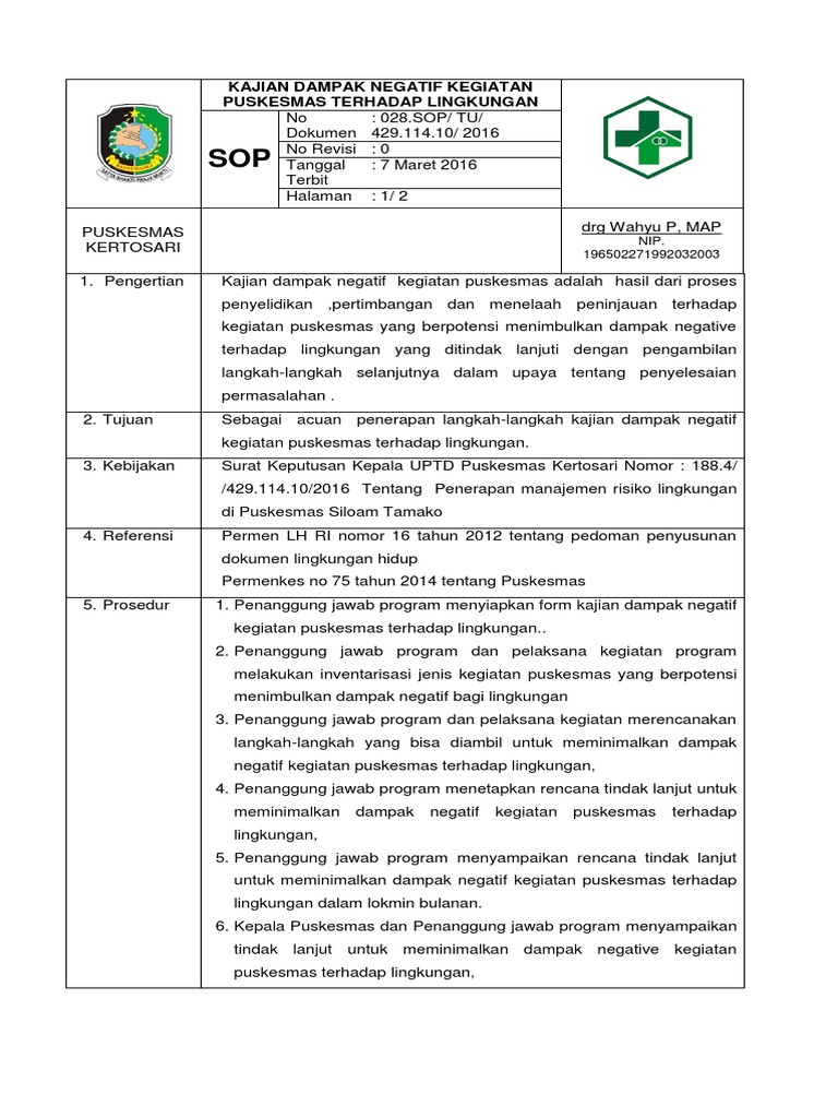 Sop Kajian Dampak Negatif Kegiatan Puskesmas Terhadap Lingkungan