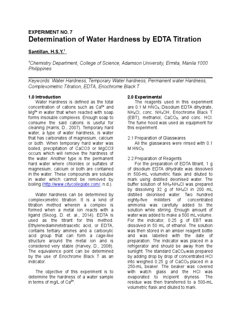 Water Hardness by EDTA Titration PDF Titration Chemistry