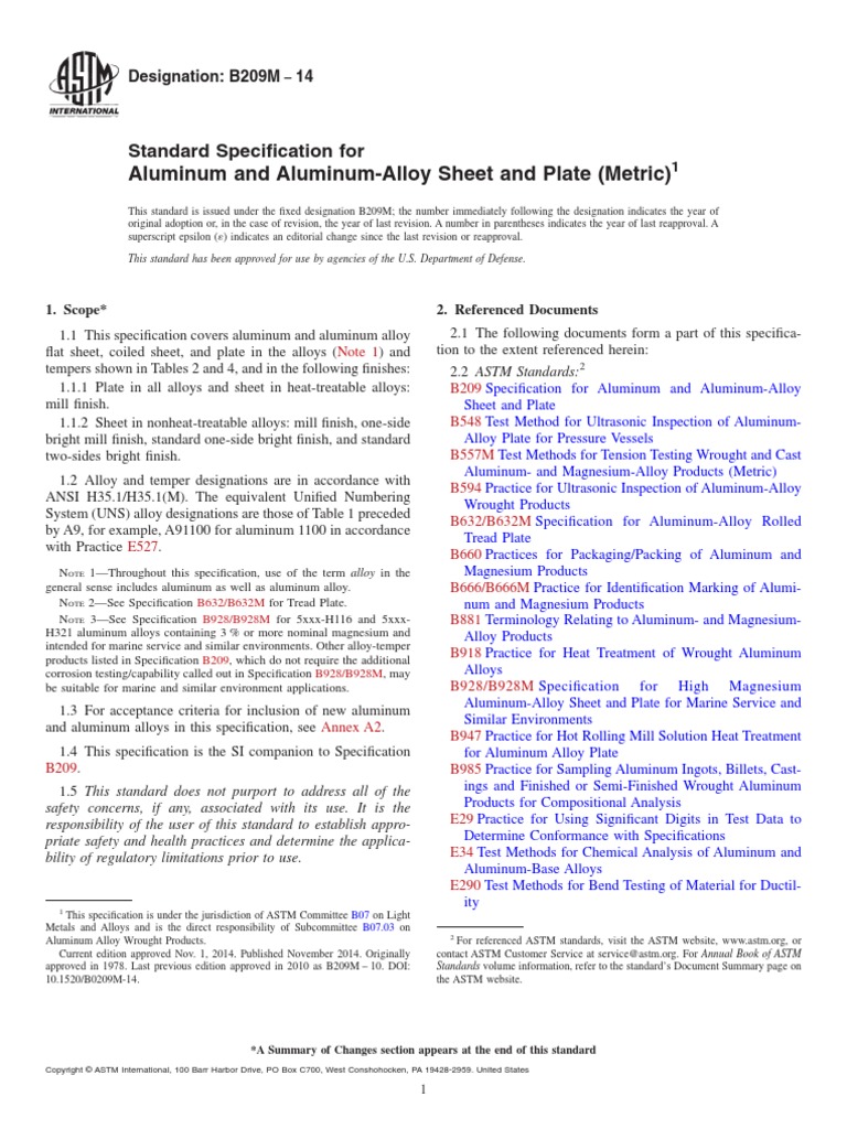 B209M ASTM Aluminum Standards PDF Specification (Technical Standard