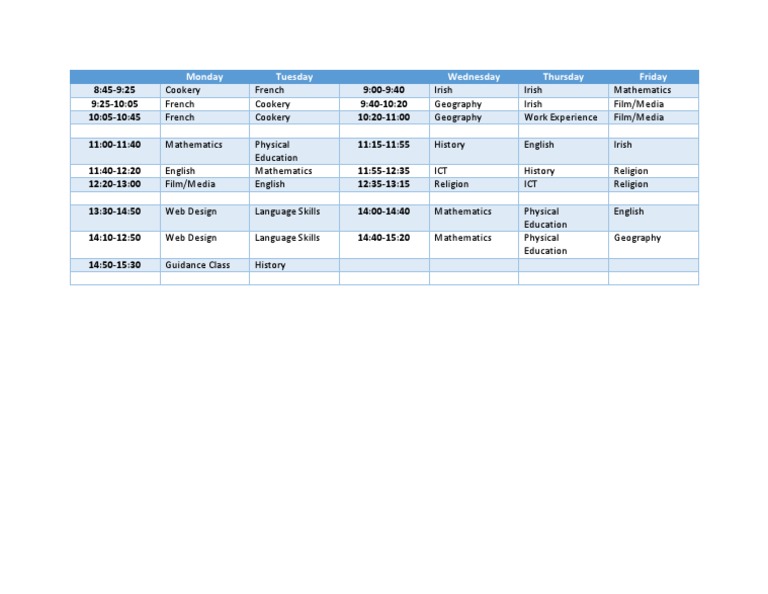 Weekly Class Schedule Overview | PDF | Foreign Language Studies