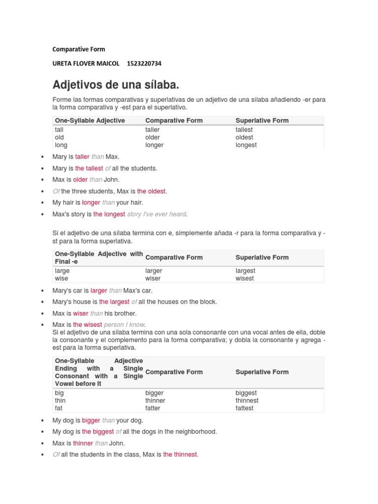 One-Syllable and Two-Syllable Adjectives | PDF | Philology | Language ...