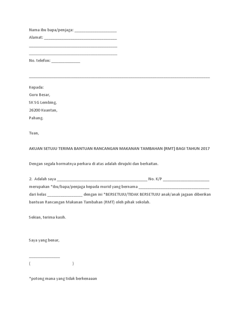 Contoh Surat Iringan Kembalian Peruntukan Rmt Kpm