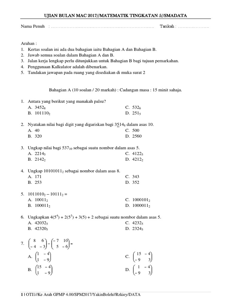 Ujian Bulan Mac 2017 Tingkatan 5 Pdf