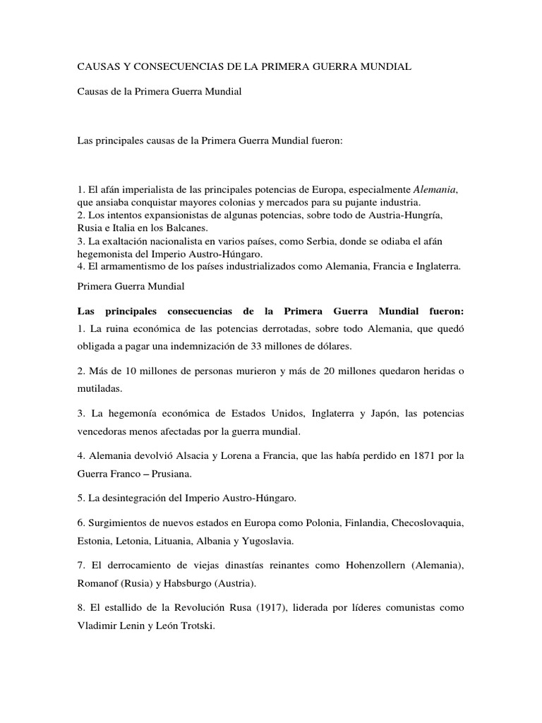 Causas y Consecuencias de la Primera Guerra Mundial | PDF | Primera ...