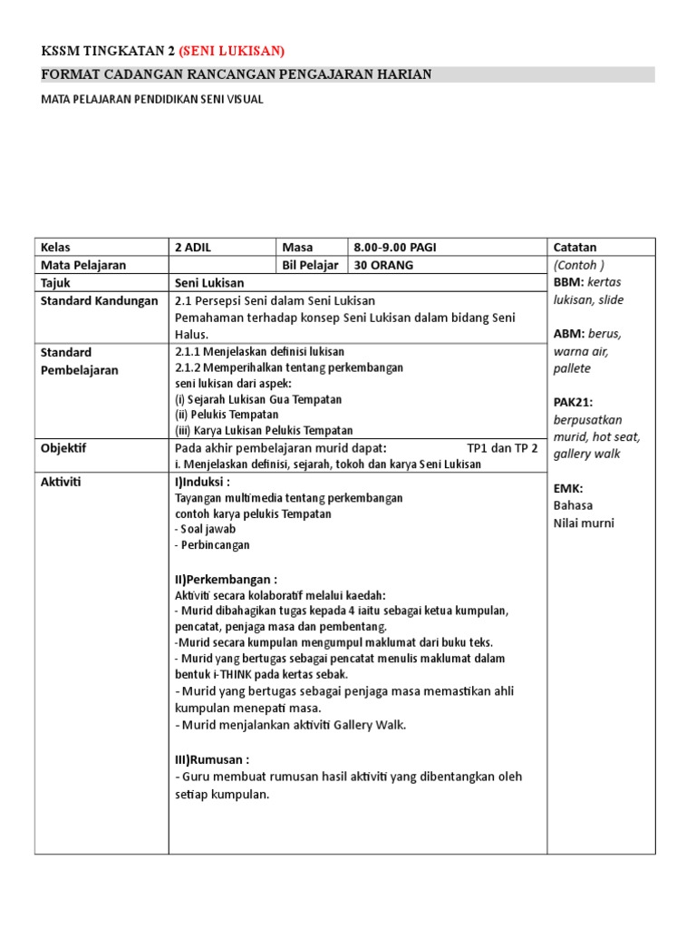 RPH Pendidikan Seni Visual Tingkatan 2 | PDF
