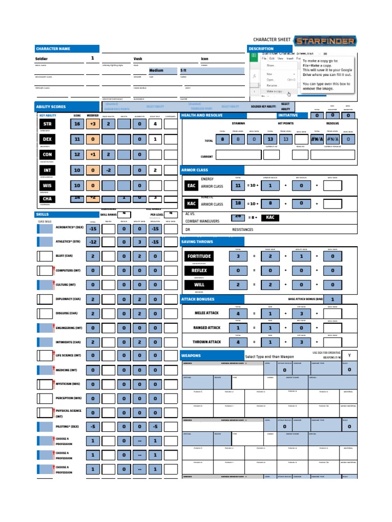 Starfinder Character Sheet | PDF | Role Playing Games | Armed Conflict