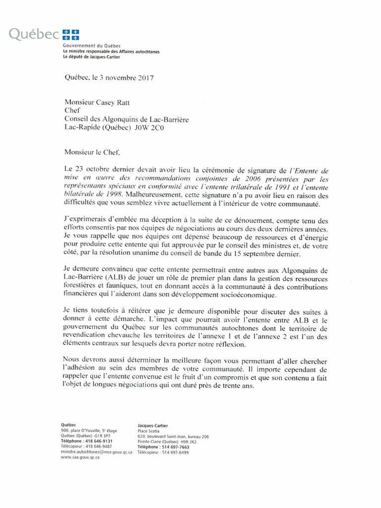 Quebec Letter To ABL November 3 2017 | PDF