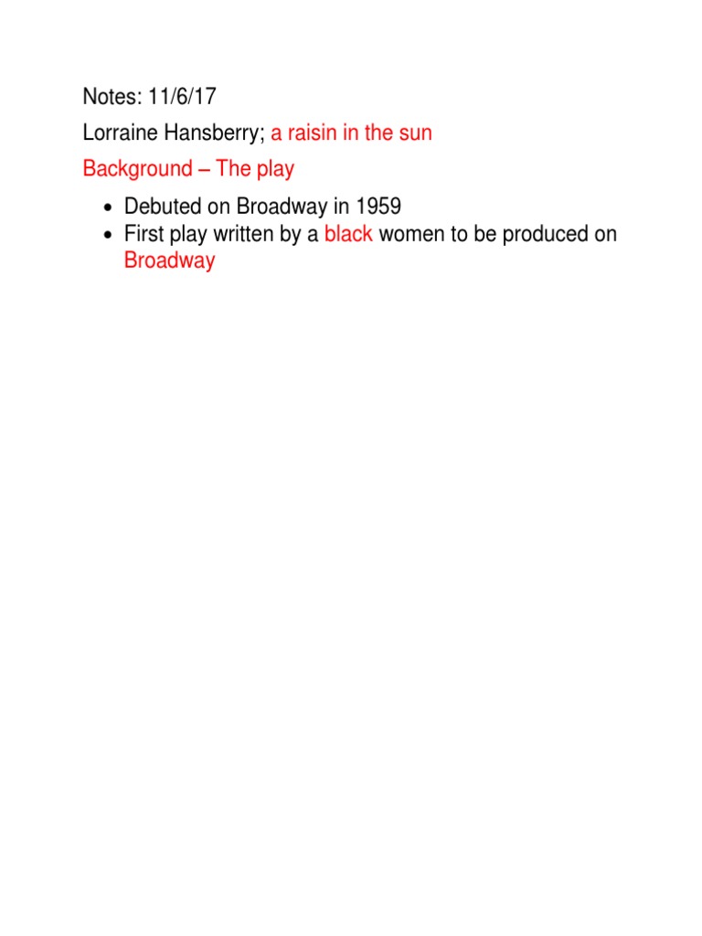 A Raisin in The Sun Background - The Play: Notes: 11/6/17 Lorraine ...