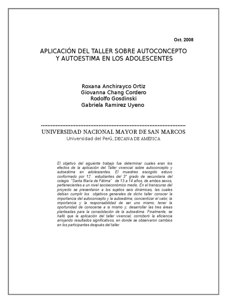 Taller de Autoestima para Adolescentes | PDF | Autoestima | Adultos