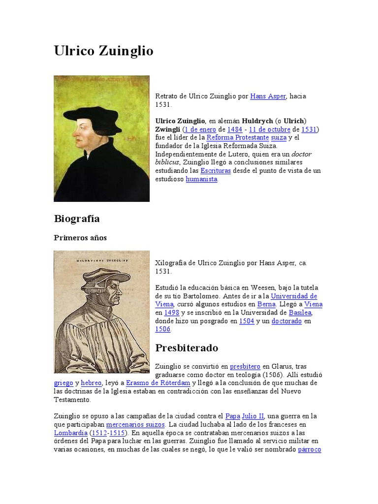 Ulrico Zuinglio: Líder de la Reforma Suiza | PDF | Religiones ...