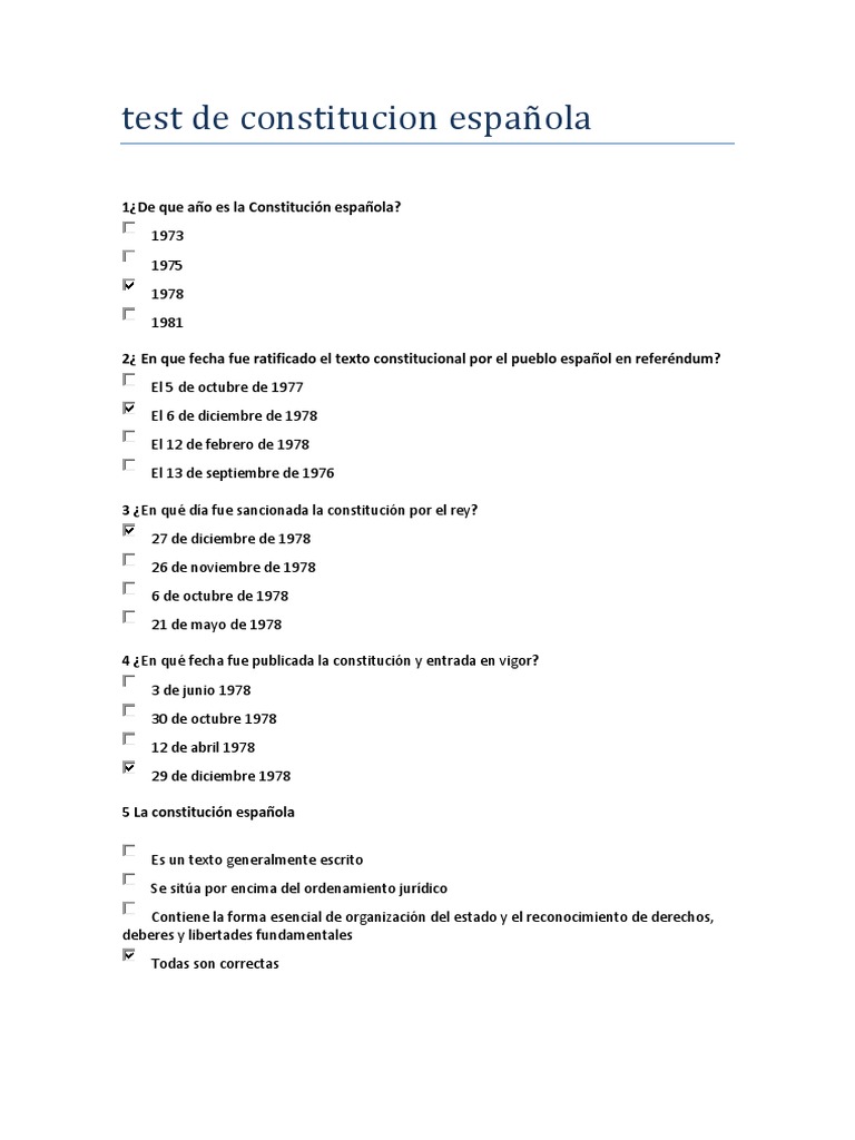 Test de Constitucion Española | PDF | Derecho Constitucional | Cortes ...