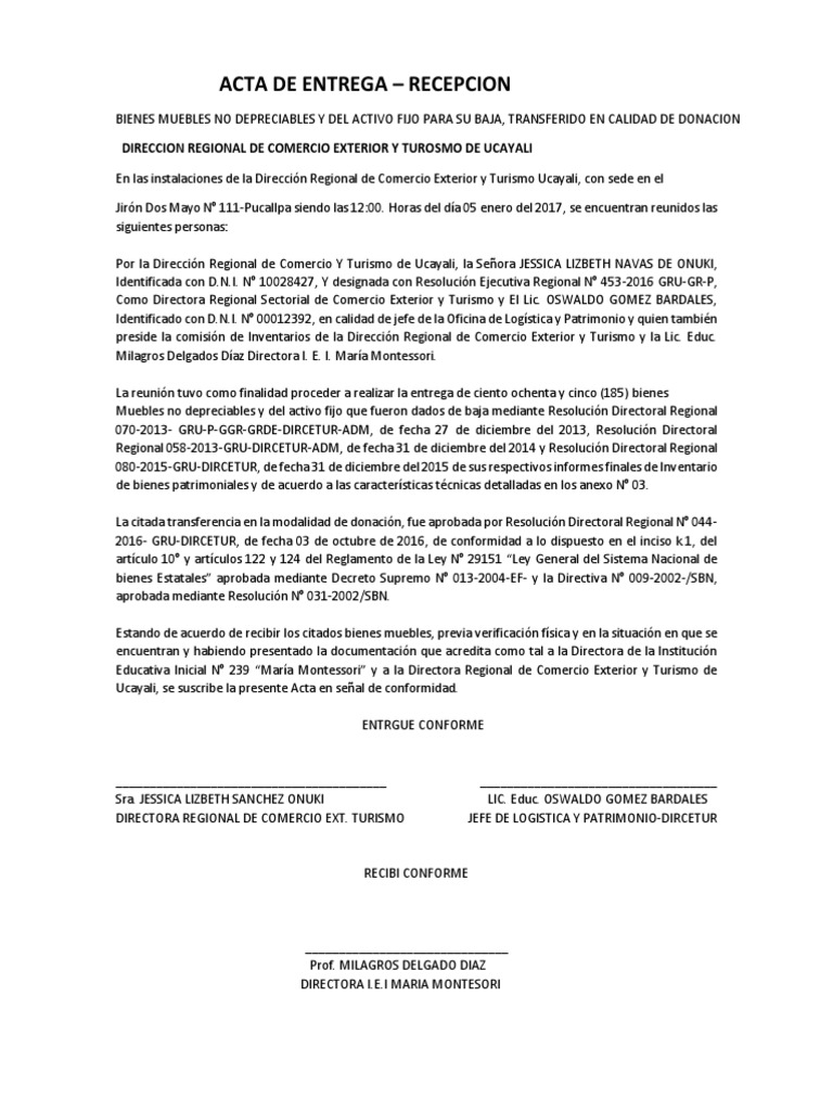 Modelo De Acta De Entrega De Bienes Muebles  Noticias Modelo