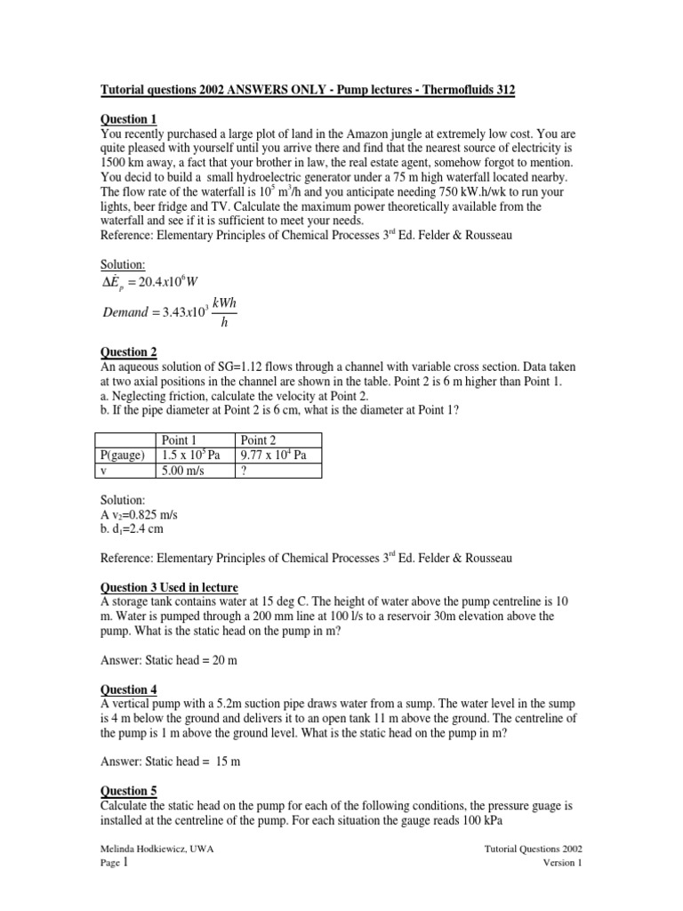 Tutorial Answers Only 2002 | PDF | Pump | Pressure