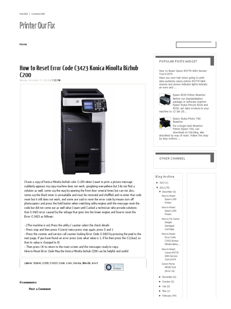 How to Reset Error Code C3423 Konica Minolta Bizhub C200 Photocopier