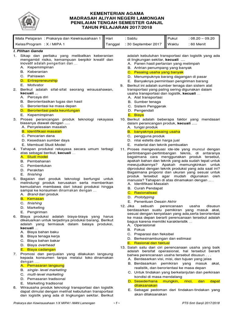 contoh soal essay kewirausahaan kelas 10 semester 1