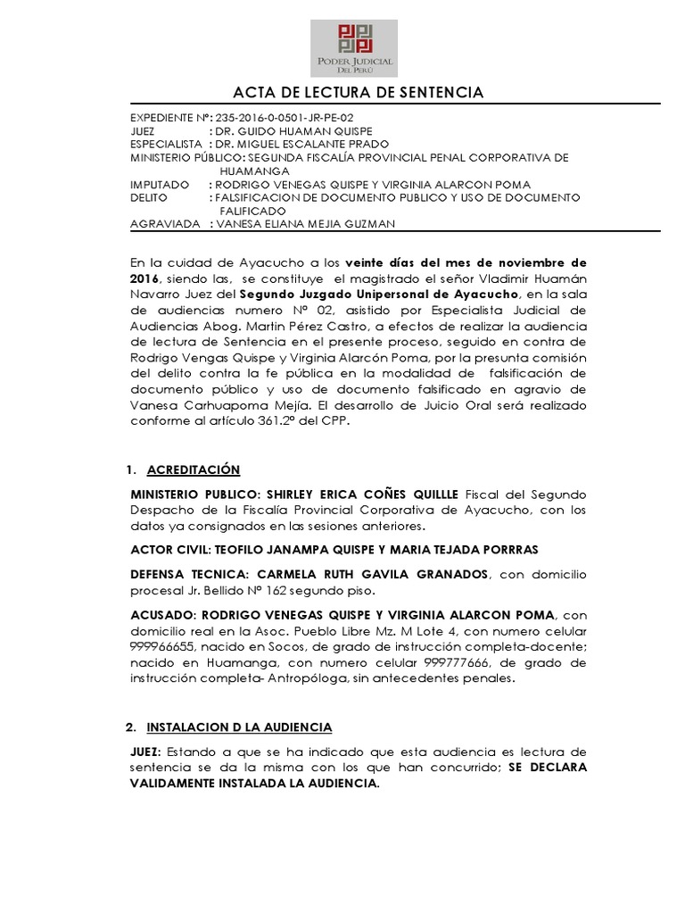 Acta de Lectura de Sentencia | PDF | Sentencia (Ley) | Derecho penal