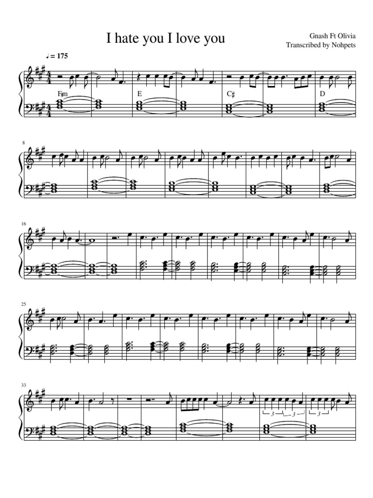 I Hate You I Love You Gnash Ft Olivia Transcribed By Nohpets 175 American Music People
