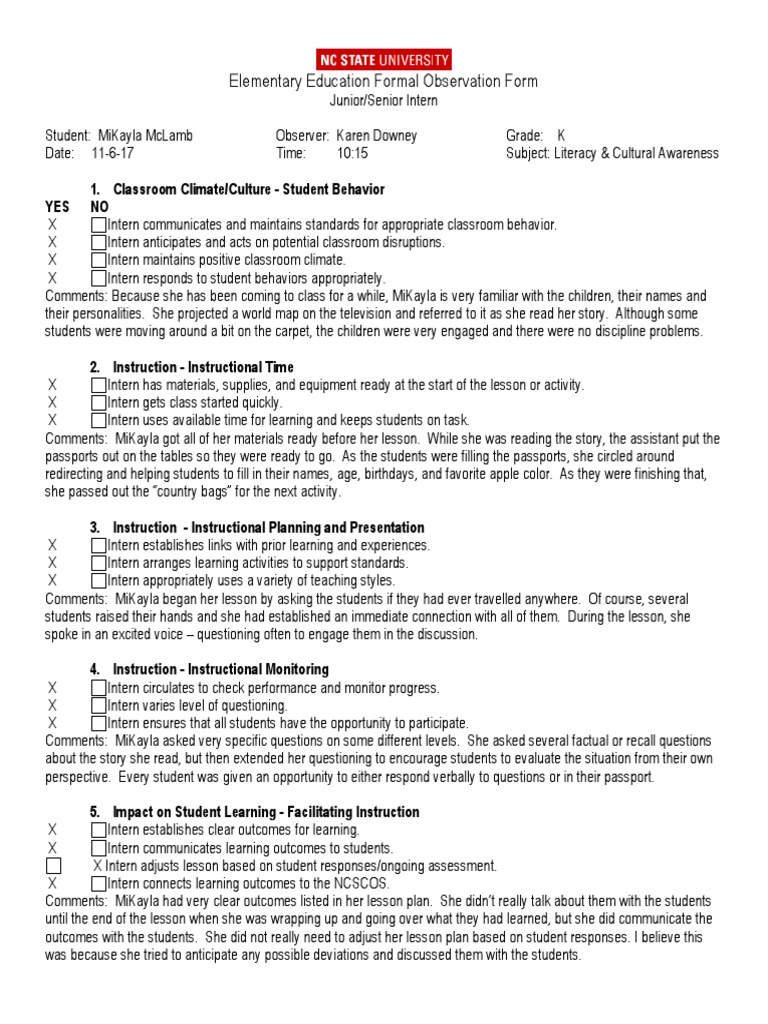 Mikayla 11-6-17 Seniorjunior Formal Observation Form | PDF | Internship ...