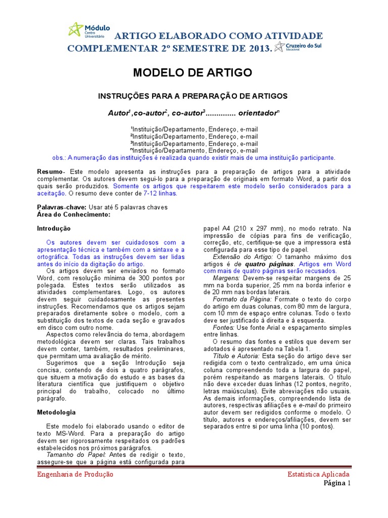 Modelo de Artigo Científico ABNT 2025 | PDF | Tipos de letra | Impressão