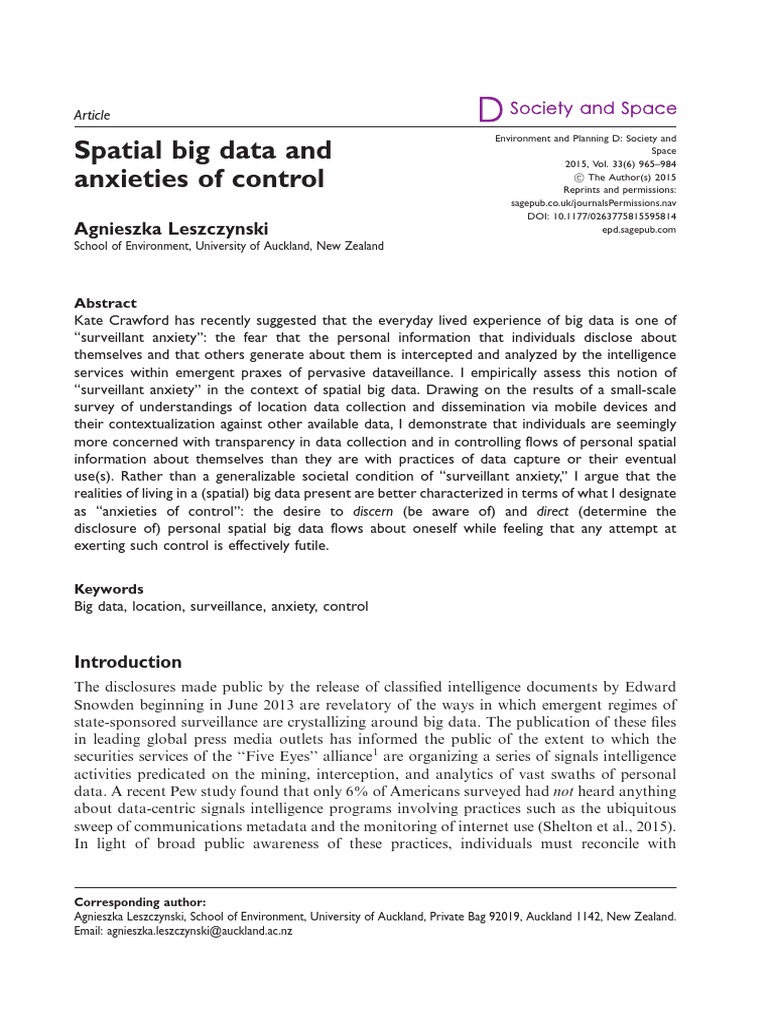 Anxieties of Control in Spatial Big Data | PDF | Privacy | Surveillance